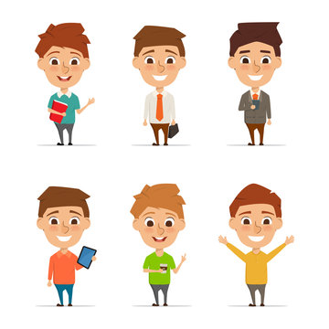 Young man character in different pose. Business man cartoon set of illustration vector design.