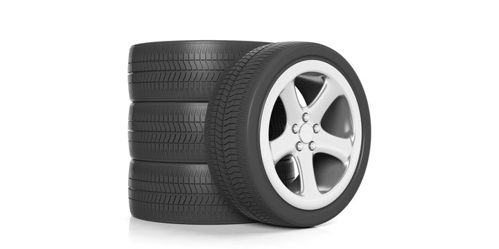 Car Tires And Rims On White Background. 3d Illustration