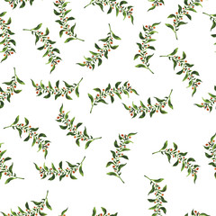 Seamless pattern with green branches and red berries on white background. Hand drawn watercolor illustration.