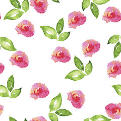 Seamless pattern with abstract pink rose flowers and green leaves on white background. Hand drawn watercolor illustration.