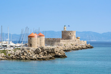 Mandraki Windmills and Fort Saint Nicholas, Rhodes, Greece