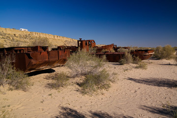 Panorama of ship cemetery near Moynaq at sunrise in Karakalpakstan, Uzbekistan