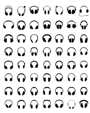Black silhouettes of headphones on a white background