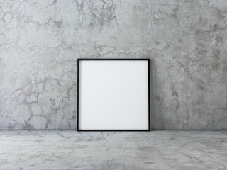 Square Canvas Poster with Black Frame Mockup standing on concrete floor. 3d rendering