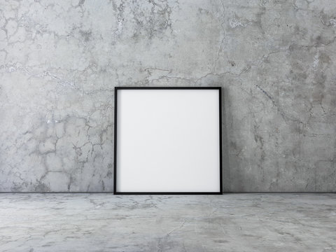 Square Canvas Poster with Black Frame Mockup standing on concrete floor. 3d rendering