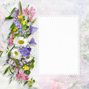 Congratulatory background with a card with space for text or photos and summer flowers