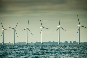 Wind turbines farm in Baltic Sea, Denmark