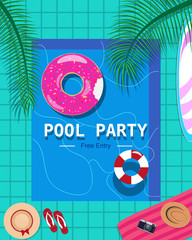 Pool party invitation concept. Vector summer party poster background in flat style