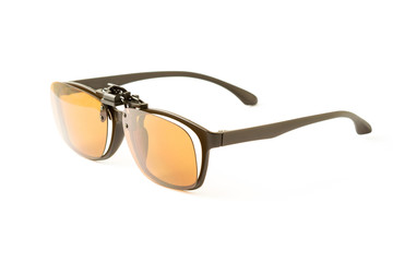 Isolated Eyeglasses with clip on sunglasses on white background
