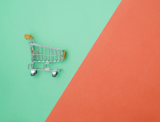 Collection of shopping cart  full of shopping time.Top view or flat lay composition cart on color...