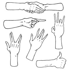 Gestures arms stop, palm, thumbs up, finger pointer, ok, like and pray or handshake, fist and peace or rock n roll. engraved hand drawn in old sketch style, vintage collection of emotion and signs.