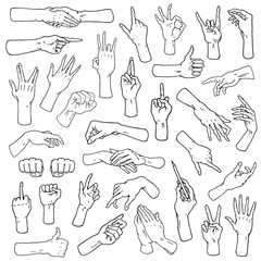 Gestures arms stop, palm, thumbs up, finger pointer, ok, like and pray or handshake, fist and peace or rock n roll. engraved hand drawn in old sketch style, vintage collection of emotion and signs.