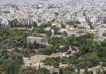 Panorama of Athens with view of the Agora and the Temple of Hermes in Ancient Agora in Greece.