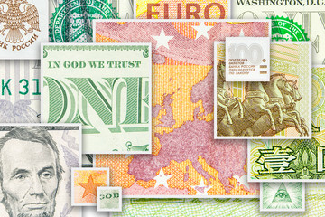 four main world currencies banknotes in square collage