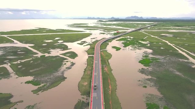 aerial shot of longest bridge of Thailand