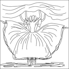 Three dancing ballerinas, drawn contour by hand. Ballet, pack, lightness. Sketch, coloring