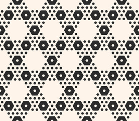 Vector monochrome texture, simple geometric black & beige seamless pattern with different sized hexagons. Repeat abstract modern background. Design for textile, decor, print, textile, cover, tiling
