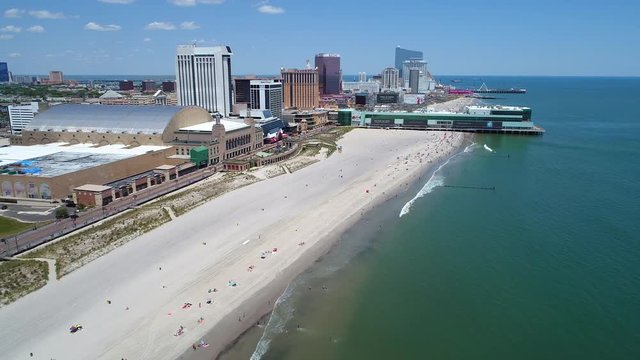 Aerial drone video tourism in Atlantic Beach pier NJ USA 4k