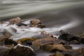 Water flows through boulders