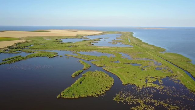 Razim-Sinoe lagoon located in the south part of the Danube Delta, stunning aerial view