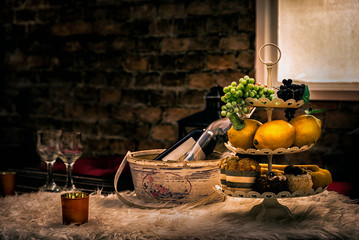 Classic Still Life with Wine and Fruits , Lemon , Grape