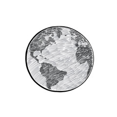 Earth icon hand-drawn on white background. World map in doodles or globe retro style. Environment design for earth day.