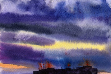 Digital painting. Watercolor sunset in city
