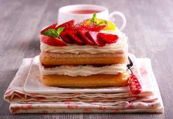 Strawberry, peaches, cream with savoiardi biscuits