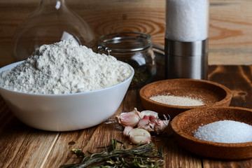 Flour, garlic and spices, a set of ingredients