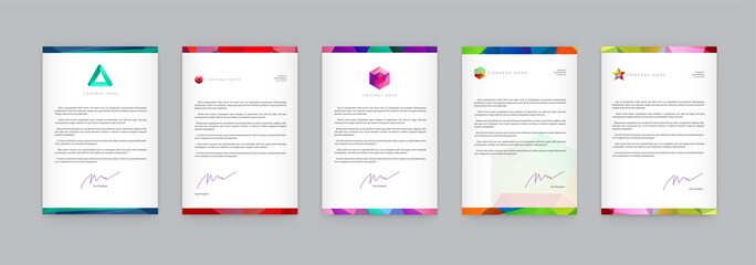 Set of Visual identity with letter logo elements polygonal style Letterhead and geometric triangular design style brochure cover template mockups for business with Fictitious names