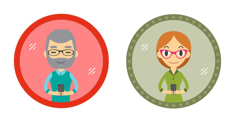 Set of Two Hipster style character take a selfie in the mirror with Smartphone. Vector flat design illustration in the circle isolated on background. Man and Woman.