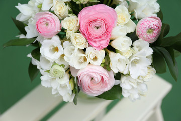Beautiful bouquet with white freesia flowers, closeup