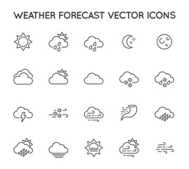 Obraz premium Set of Minimal Weather Related Vector Line Icons. Contains Icons like Wind, Blizzard, Sun, Rain and more. Stroke Style. Pixel Perfect.