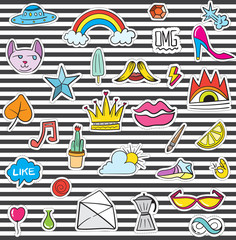 Set of Patches Elements like Flower, Heart, Crown, Cloud, Lips, Mail, Diamond, Eyes. Hand Drawn Vector. Cute Fashionable Stickers Collection. Doodle Pop art Sketch Badges and Pins.