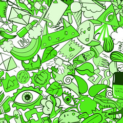 Graffiti pattern with urban lifestyle line icons. Crazy doodle abstract vector background. Trendy linear style collage with bizarre street art elements.