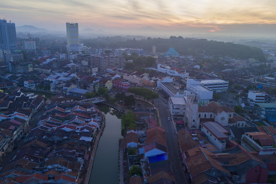Arial view of Malacca city during sunrise.