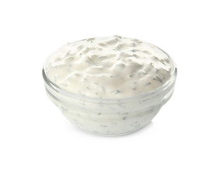 Delicious yogurt sauce in bowl isolated on white