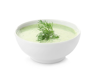 Delicious yogurt sauce in bowl isolated on white