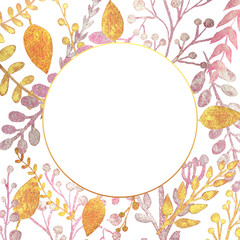 Background with pearl golden and pink branches and leaves. Frame, greeting, invitation card, cover of notebook