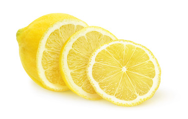 Isolated lemon. Half of lemon fruit and two slices isolated on white background with clipping path