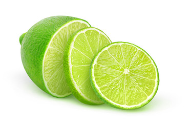 Isolated lime. Half of lime fruit and two slices isolated on white background with clipping path