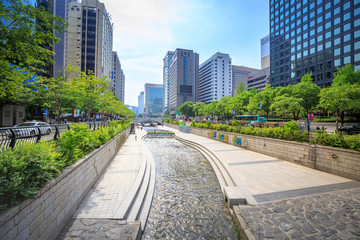 SEOUL, KOREA - JUN 19, 2017 Cheonggyecheon stream in Seoul, Korea. Cheonggyecheon stream is the result of a massive urban renewal project.