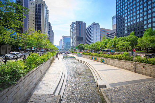 SEOUL, KOREA - JUN 19, 2017 Cheonggyecheon stream in Seoul, Korea. Cheonggyecheon stream is the result of a massive urban renewal project.