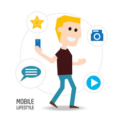 man with smartphone in the hand and technological apps vector illustration