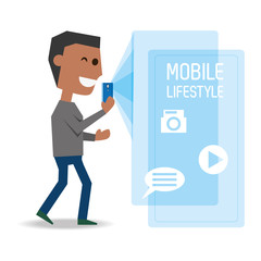 Fototapeta premium man with smartphone in the hand and technological apps vector illustration