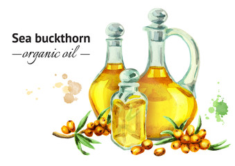Hand-drawn watercolor composition with bottles of Sea buckthorn organic oil