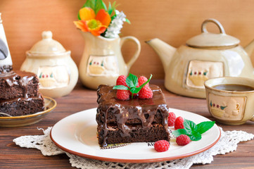 Chocolate cake Brownie with raspberries
