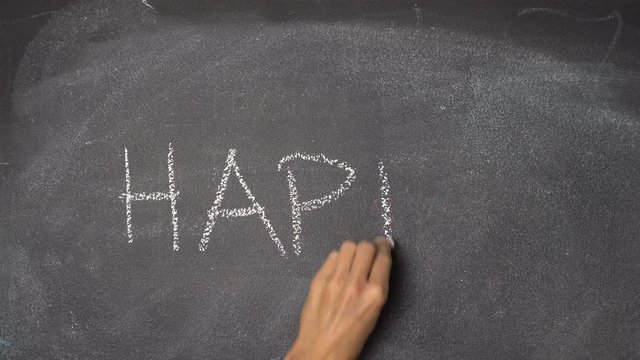 Woman's hand writing "HAPPY, FUNNY, SMILE" with white chalk on blackboard