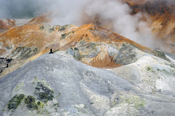 Active geothermic fumes in the onsen hot springs resort of Noboribetsu in the Shikotsu-Toya National Park in Hokkaido, Japan