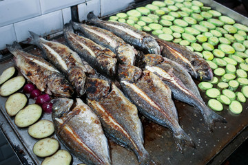 grill with fish and vegetables